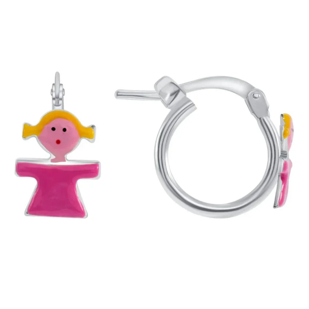 STERLING SILVER 925 RHODIUM PLATED ENAMEL DOLL HUGGIES HOOP EARRINGS